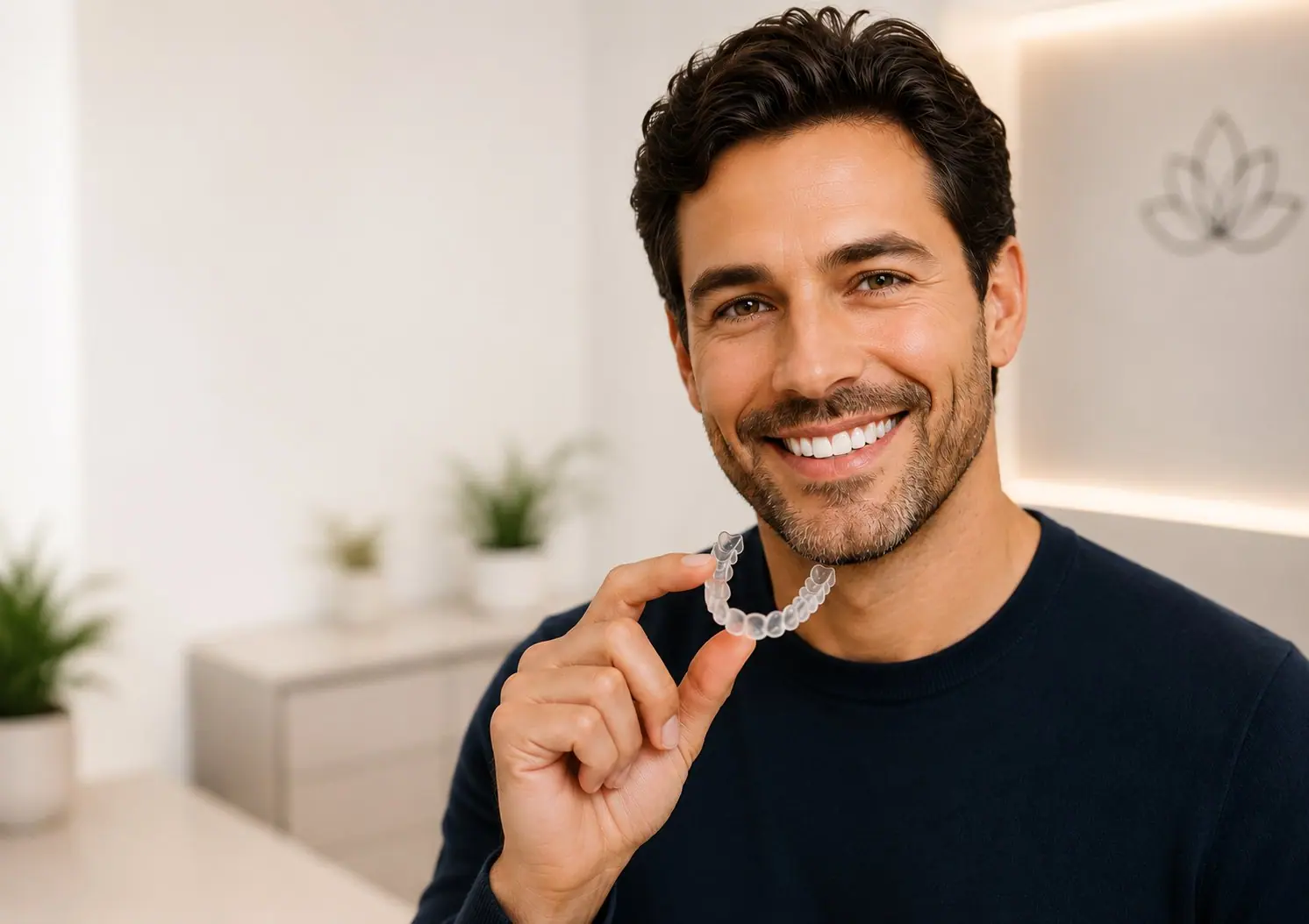 Smiling man holding a clear aligner
